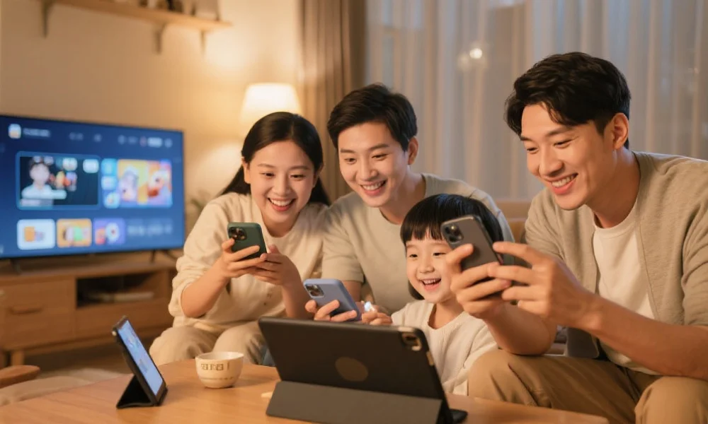 现代家庭成员利用不同电子设备（手机、平板、电脑）同时畅玩娱乐平台，氛围温馨有趣